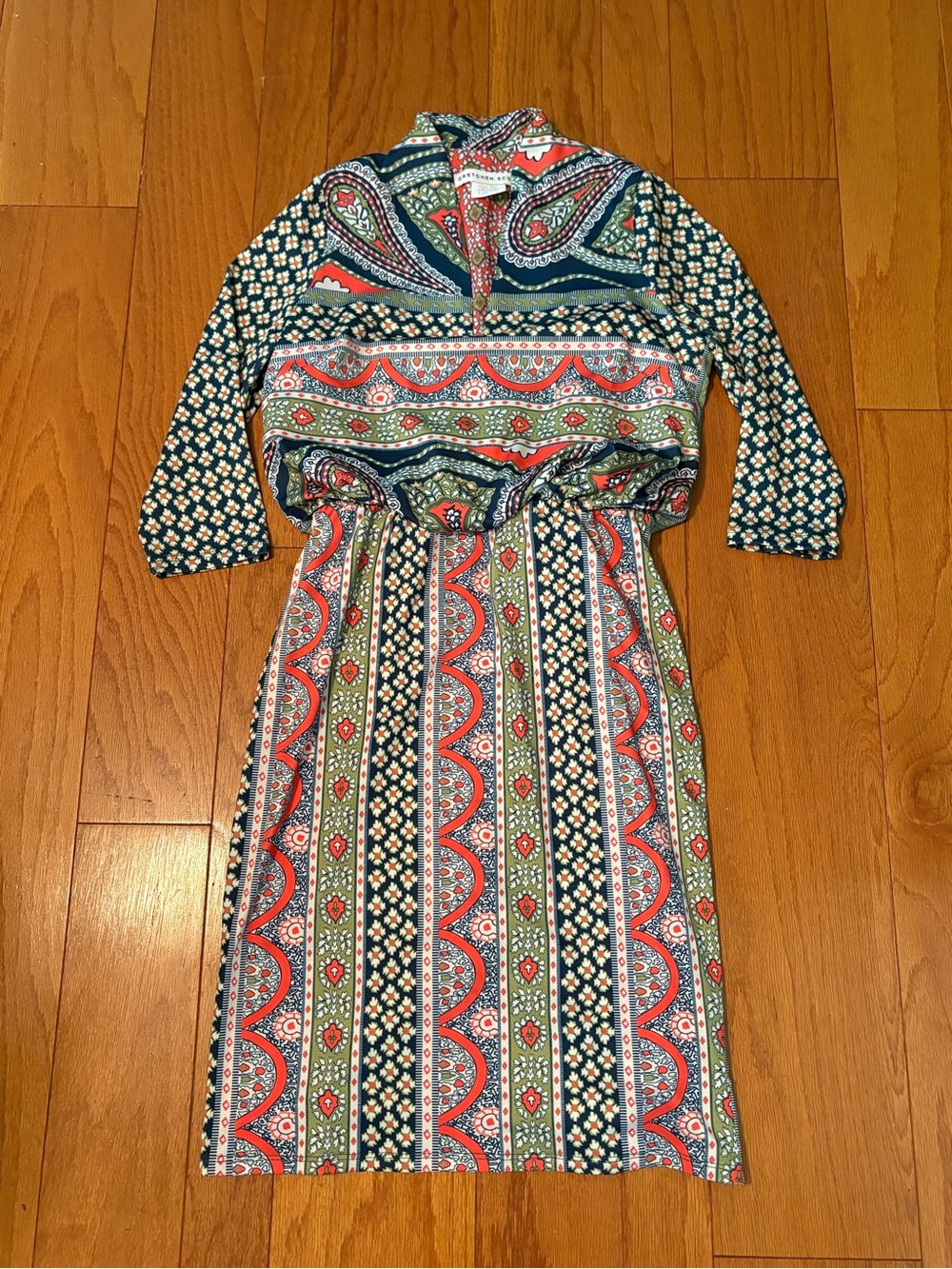 Gretchen Scott Designs Mixed Pattern V-Neck 3/4 Sleeve Dress Sz L